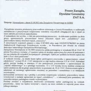 Wniosek o zmiany w Zarządzeniu Wewnętrznym nr 31/2012