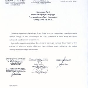 Pismo do Przewodniczacej Rady Nadzorczej Pismo do Przewodniczacej Rady Nadzorczej