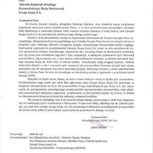 Pismo skierowane do Przewodniczącej Rady Nadzorczej