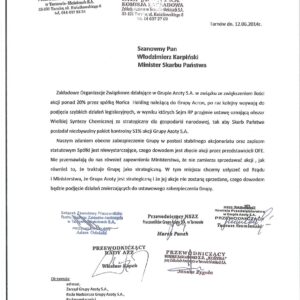 Pismo Zakładowych Organizacji Związkowych  skierowane do Ministra Skarbu Państwa
