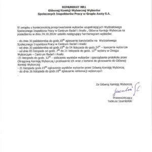 Wybory Uzupełniające Społecznej Inspekcji Pracy w CBiA Wybory Uzupełniające Społecznej Inspekcji Pracy w CBiA