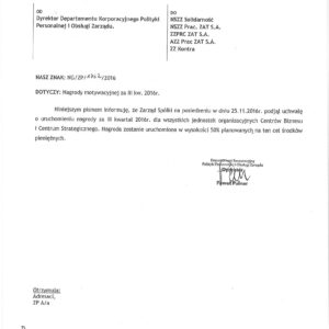 Informacja w sprawie nagrody motywacyjnej za III kwartał 2016