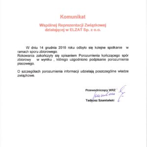 Zakończenie Sporu Zbiorowego w Elzat Sp. z o.o.