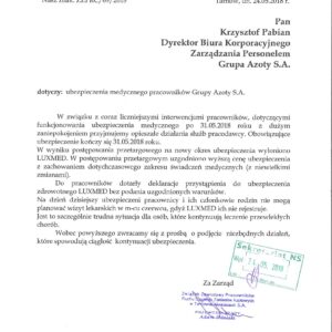 Pismo w sprawie ubezpieczenia medycznego
