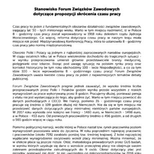Stanowisko Forum Związków Zawodowych dotyczące propozycji skrócenia czasu pracy. Stanowisko Forum Związków Zawodowych dotyczące propozycji skrócenia czasu pracy.