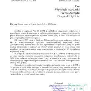Pismo w sprawie czasu pracy na 2019 rok