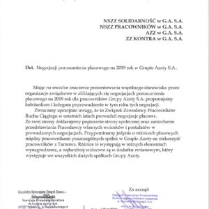 Stanowisko ZZPRC ZAT S.A. w negocjacjach porozumienia płacowego na 2019 rok.
