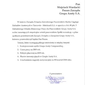 WYSTĄPIENIE O SPOTKANIE Z ZARZĄDEM