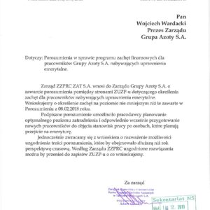 PISMO W SPRAWIE DODATKOWYCH ZACHĘT DLA PRACOWNIKÓW NABYWAJĄCYCH UPRAWNIENIA EMERYTALNE