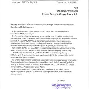 Pismo w sprawie Wydziału Granulatów Modyfikowanych