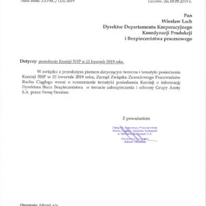 Pismo w sprawie informacji o zabezpieczeniu i ochronie Grupy Azoty S.A.