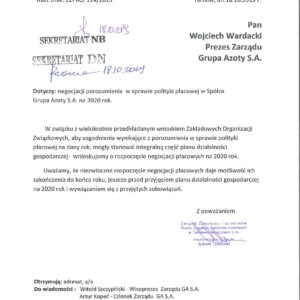 PISMO W SPRAWIE POLITYKI PŁACOWEJ W GRUPIE AZOTY S.A. NA 2020 ROK