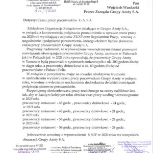 CZAS PRACY PRACOWNIKÓW GRUPY AZOTY S.A.