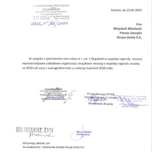 PISMO W SPRAWIE NAGRODY ROCZNEJ PISMO W SPRAWIE NAGRODY ROCZNEJ