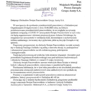 PISMO ZOZ W SPRAWIE OBCHODÓW ŚWIĘTA PRACOWNIKÓW GRUPY AZOTY S.A.