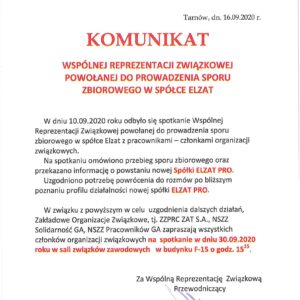 KOMUNIKAT WRZ DO PROWADZENIA SPORU ZBIOROWEGO W SPÓŁCE ELZAT