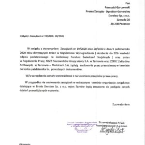 PISMO DO PREZESA SPÓŁKI DERSŁAW