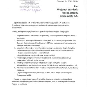WNIOSEK ZOZ W SPRAWIE SPOTKANIA Z PRZEZESEM GRUPY AZOTY S.A.