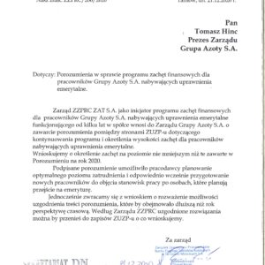 PISMO W SPRAWIE KONTYNUOWANIA PROGRAMU ZACHĘT FINANSOWYCH DLA PRACOWNIKÓW NABYWAJĄCYCH UPRAWNIENIA EMERYTALNE