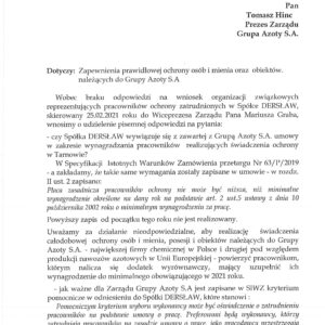 PISMO DO PREZESA GRUPY AZOTY W SPRAWIE SYTUACJI W SPÓŁCE DERSŁAW