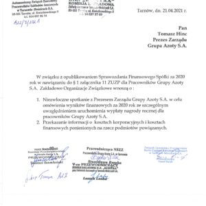 PISMO W SPRAWIE NAGRODY ROCZNEJ
