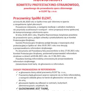 KOMUNIKAT KOMITETU PROTESTACYJNO-STRAJKOWEGO W SPÓŁCE ELZAT