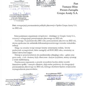 PISMO ZOZ W SPRAWIE RENEGOCJACJI POROZUMIENIA PŁACOWEGO NA 2022 ROK PISMO ZOZ W SPRAWIE RENEGOCJACJI POROZUMIENIA PŁACOWEGO NA 2022 ROK