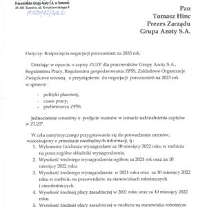 PISMO W SPRAWIE ROZPOCZĘCIA NEGOCJACJI