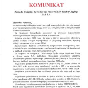 KOMUNIKAT ZARZĄDU ZZPRC ZAT S.A.