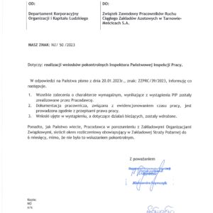 ODPOWIEDŹ PRACODAWCY NA PISMO DOTYCZĄCE REALIZACJI ZALECEŃ POKONTROLNYCH PIP W ZAKŁADOWEJ STRAŻY POŻARNEJ