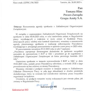 PISMO W SPRAWIE ROZSZERZENIA AGENDY SPOTKANIA