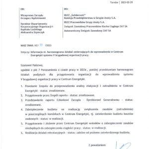 ODPOWIEDŹ PRACODAWCY OTRZYMANA PO ZŁOŻENIU PISMA W SPRAWIE ROZSZERZENIA AGENDY SPOTKANIA