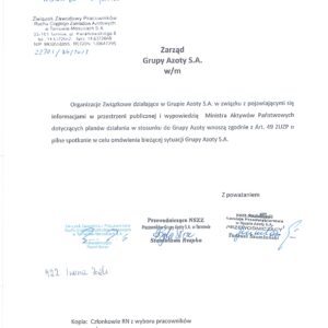 PISMO ZOZ W SPRAWIE SPOTKANIA Z ZARZĄDEM GRUPY AZOTY S.A.