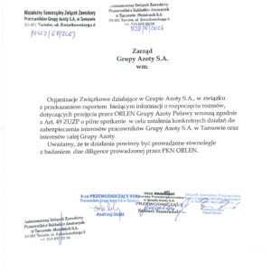 PISMO ZOZ W SPRAWIE KOLEJNEGO SPOTKANIA Z ZARZĄDEM GRUPY AZOTY S.A.