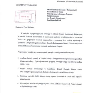PISMO W SPRAWIE ZWOŁANIA ZESPOŁU TRÓJSTRONNEGO BRANŻY CHEMICZNEJ PISMO W SPRAWIE ZWOŁANIA ZESPOŁU TRÓJSTRONNEGO BRANŻY CHEMICZNEJ