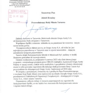 PISMO ZOZ W SPRAWIE ZWOŁANIA SESJI RADY MIASTA TARNOWA PISMO ZOZ W SPRAWIE ZWOŁANIA SESJI RADY MIASTA TARNOWA
