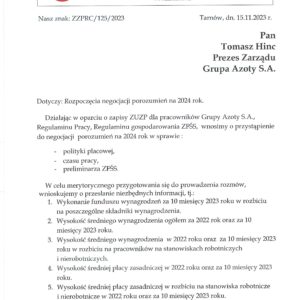 PISMO W SPRAWIE ROZPOCZĘCIA NEGOCJACJI