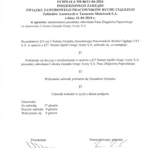 PODJĘTE DECYZJE PRZEZ POSZERZONY ZARZĄD ZZPRC ZAT S.A.