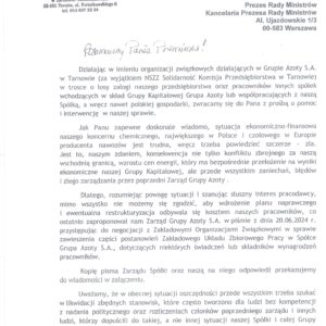 LIST ZOZ DO PREZESA RADY MINISTRÓW W SPRAWIE SYTUACJI W GRUPIE AZOTY