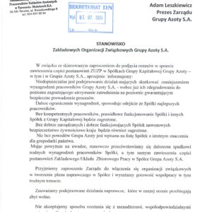 STANOWISKO ZAKŁADOWYCH ORGANIZACJI ZWIĄZKOWYCH