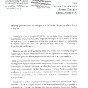 STANOWISKO ZOZ W SPRAWIE CZASU PRACY W GRUPIE AZOTY S.A. NA 2025 ROK