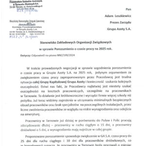 STANOWISKO ZOZ W SPRAWIE CZASU PRACY W GRUPIE AZOTY S.A. NA 2025 ROK