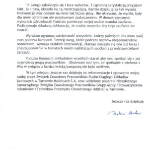 PODZIĘKOWANIE ARTURA BABICZA