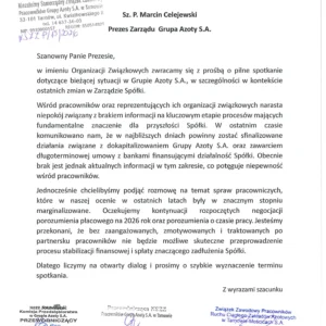 Pismo skierowane do Prezesa Zarządu Grupy Azoty S.A.