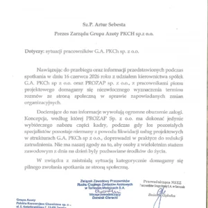 Pismo do Prezesa Zarządu G.A. PKCh